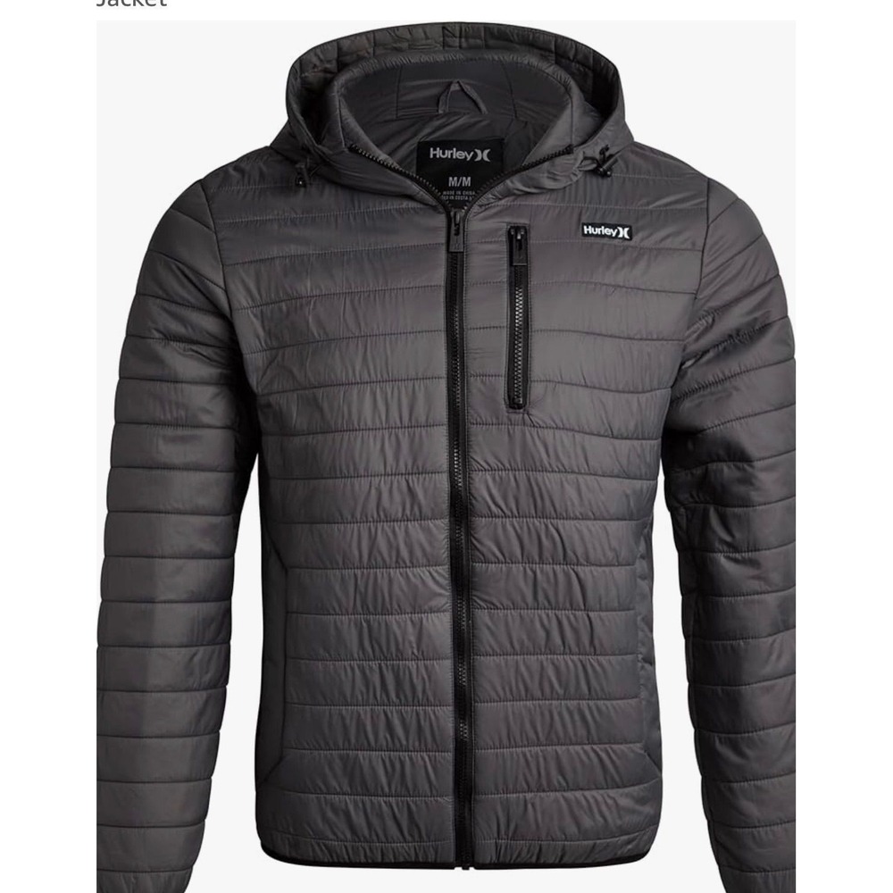Hurley Mens Puffer Jacket Iron Grey Dark Gray Quilted Hooded Full Zip Large